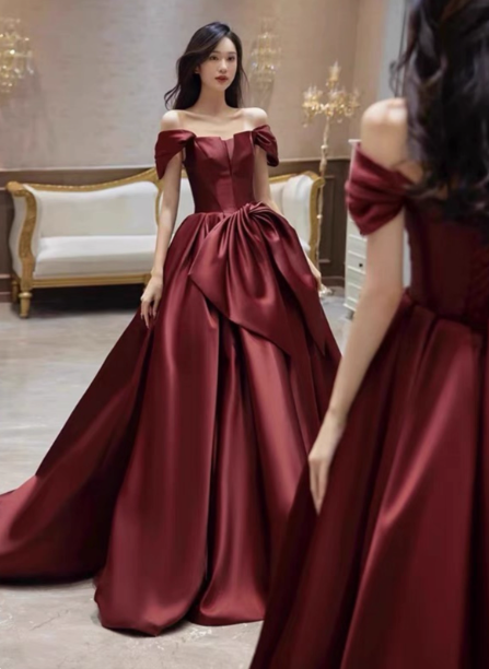 Elegant Burgundy A-line Off-the-shoulder Bow Satin Train Prom Dress Evening Dress P4571