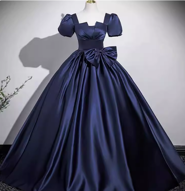 Elegant Navy Blue Square Neck Puff Sleeve Bow Satin Long Prom Dress Evening Dress P4572
