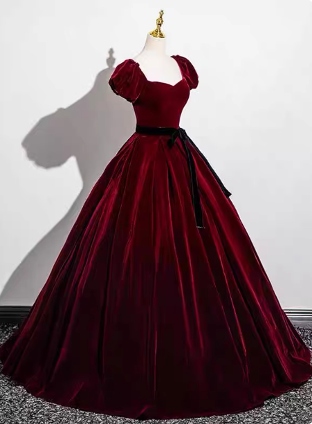 Vintage Burgundy A-line Puff Sleeve Velvet Long Prom Dress Evening Dress P4576
