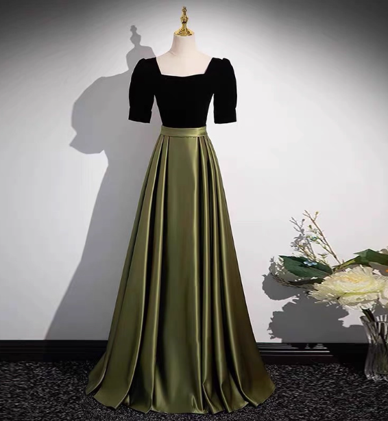 Elegant Color Block Black & Green Square Neck Short Sleeve Velvet Satin Long Prom Dress Evening Dress P4577
