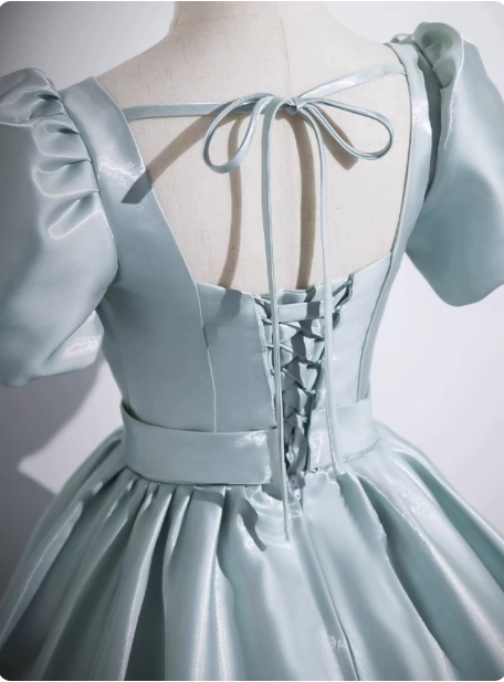 Elegant Light Cyan Square Neck Short Sleeve Satin Long Prom Dress Evening Dress P4581