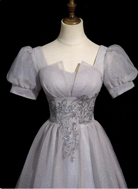 Dreamy Light Purple A-line Square Neck Short Sleeve Tulle Long Prom Dress Evening Dress P4582