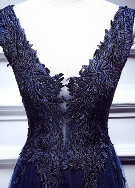 Elegant Vintage Navy Blue V-neck Lace Embroidery Tulle Long Prom Dress Evening Dress P4583