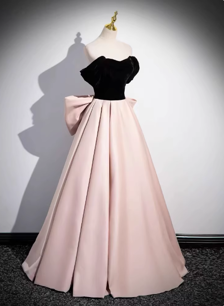 Princess Black & Pink Panel A-line Off-the-shoulder Bow Velvet Satin Long Prom Dress Evening Dress P4585