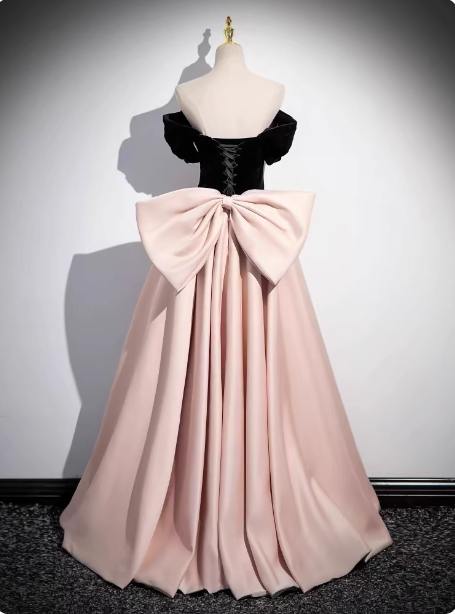 Princess Black & Pink Panel A-line Off-the-shoulder Bow Velvet Satin Long Prom Dress Evening Dress P4585