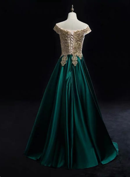 Vintage Emerald Green A-line Off-the-shoulder Lace Satin Long Prom Dress Evening Dress P4587