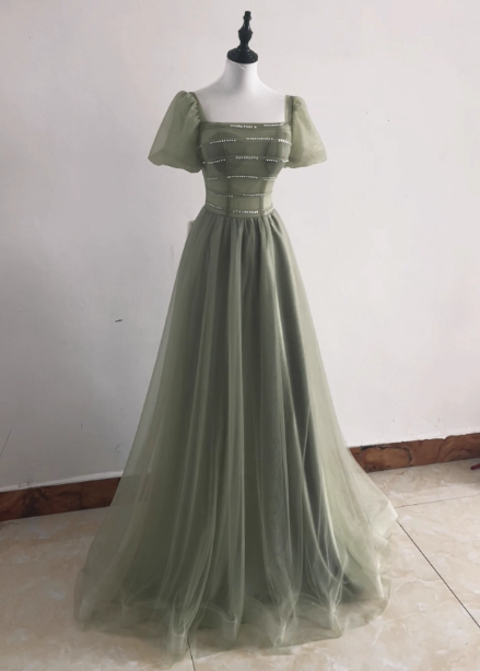 Elegant Sage Green A-line Square Neck Short Sleeve Tulle Long Prom Dress Evening Dress P4588