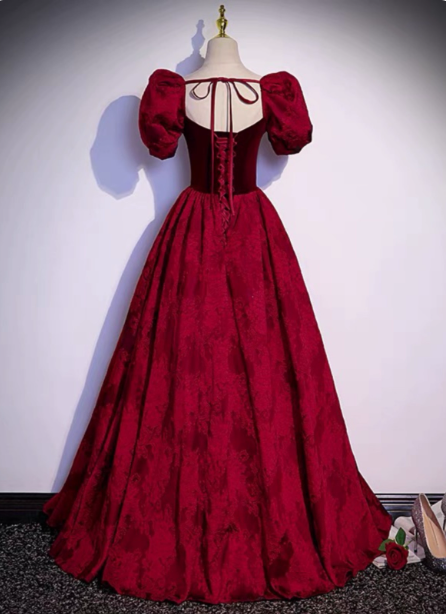 Vintage Royal Burgundy A-line Puff Sleeve Velvet Satin Long Prom Dress Evening Dress P4589