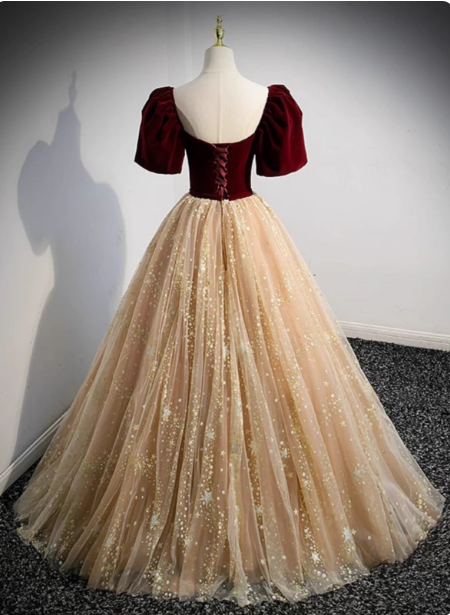 Princess Burgundy & Champagne Gold Panel A-line Short Sleeve Tulle Long Prom Dress Evening Dress P4592