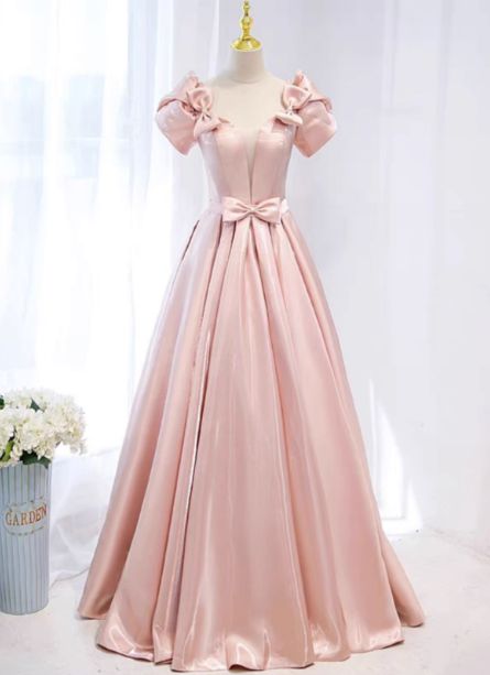Sweet Pink A-line Puff Sleeve Bow Satin Long Prom Dress Evening Dress P4595