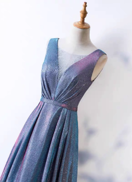 Dreamy Starry Sky Gradient Purple-Blue V-neck Satin Long Prom Dress Evening Dress P4597