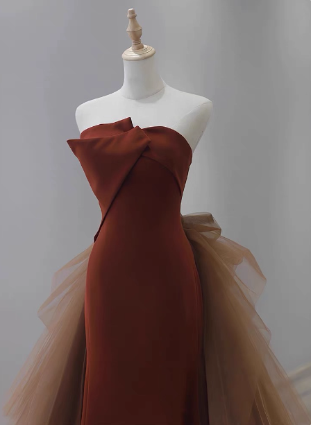 Elegant Caramel Brown Mermaid Strapless Tulle Satin Train Prom Dress Evening Dress P4598