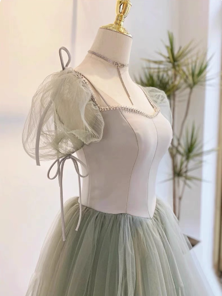 Beautiful Pea Green A-line Square Neck Puff Sleeve Tulle Long Prom Dress Evening Dress Bridesmaid Dress P4600