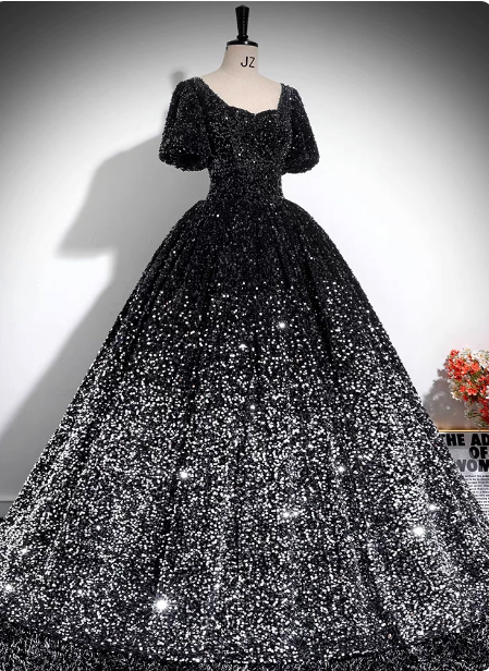 Luxuriöses, glänzend schwarz-silbernes Gradient A-Linie Kurzarm-Pailletten-Ballkleid Abendkleid P4606