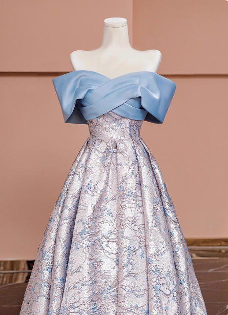 Elegantes Jacquard-Satin Off-Shoulder langes Ballkleid Abendkleid P4607