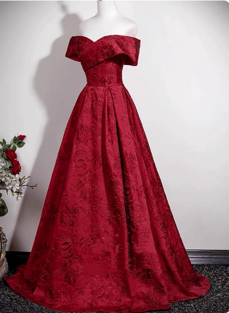 Vintage Burgunderrotes A-Linien-Off-Shoulder Jacquard-Satin Langes Ballkleid Abendkleid P4608