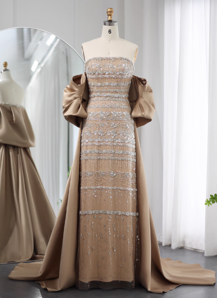 Gorgeous Green Strapless Beaded Cape Satin Train Prom Dress Evening Dress P4618