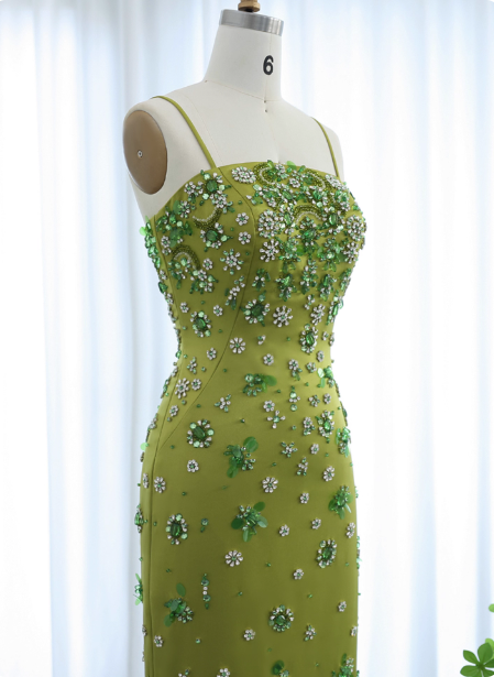 Gorgeous Green Bodycon Spaghetti Strap Square Neck Rhinestone Satin Long Prom Dress Evening Dress P4620