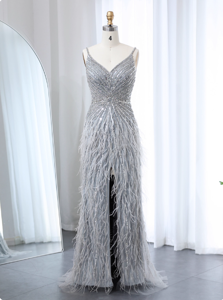 Gorgeous Silver-Grey Spaghetti Strap V-neck Feather Sequin Slit Long Prom Dress Evening Dress P4622