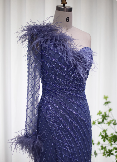 Elegant Mermaid Blue One-Shoulder Feather Beaded Tulle Long Prom Dress Evening Dress P4625