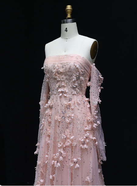 Atemberaubendes pinkes trägerloses 3D-Blumen-Pailletten-Tüll-Schleppen-Ballkleid Abendkleid P4634