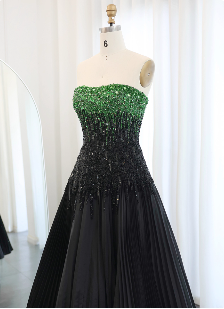 Edles, schwarzes und grünes Color-Block-A-Linien-Trägerloses Pailletten-Satin-langes Ballkleid Abendkleid P4637