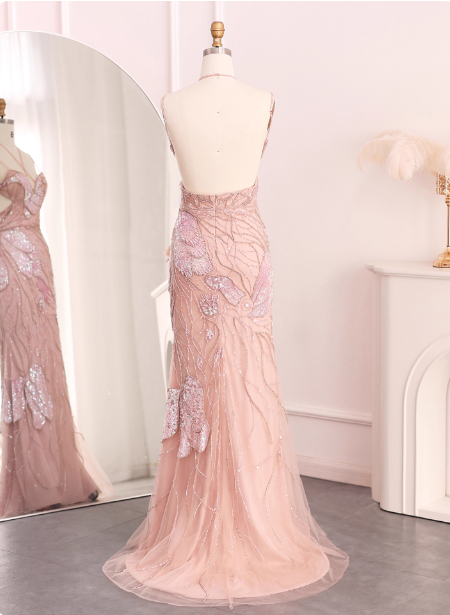 Verträumtes pinkes Meerjungfrauen-Spaghettiträgerkleid mit offenem Rücken, Perlen, Pailletten und Tüll, langes Ballkleid, Abendkleid P4638