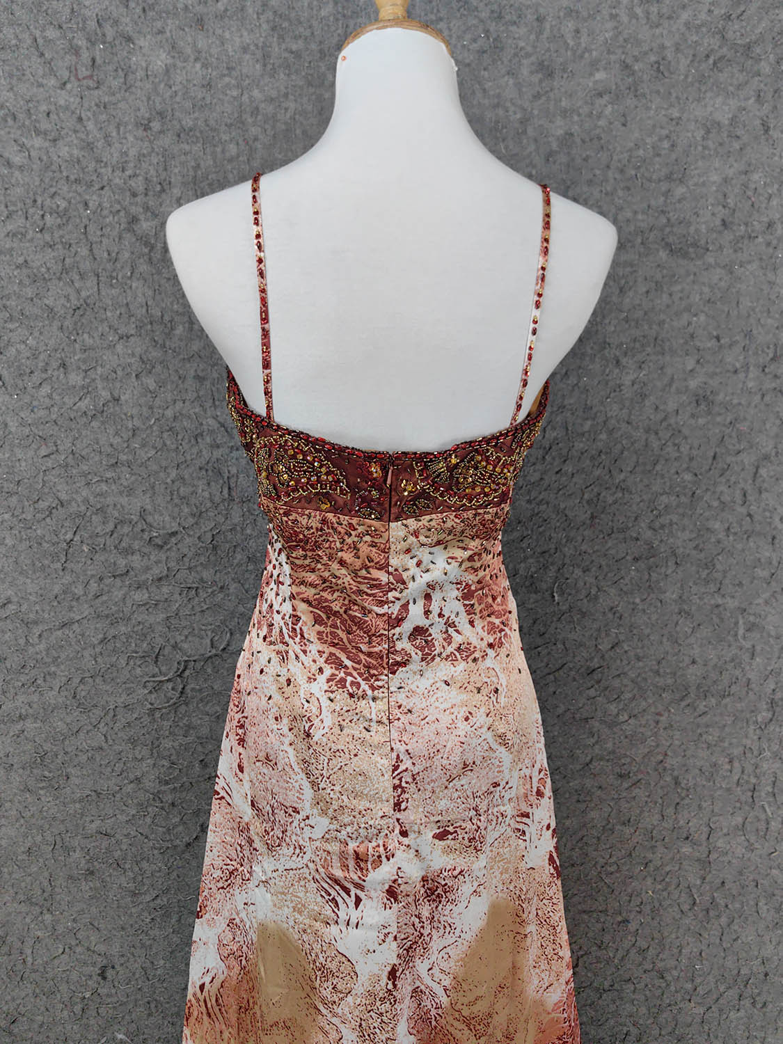Vintage Rot-Braun Vergoldet Farbverlauf Spaghettiträger Perlenbesetztes Satin Langes Ballkleid Abendkleid P4640