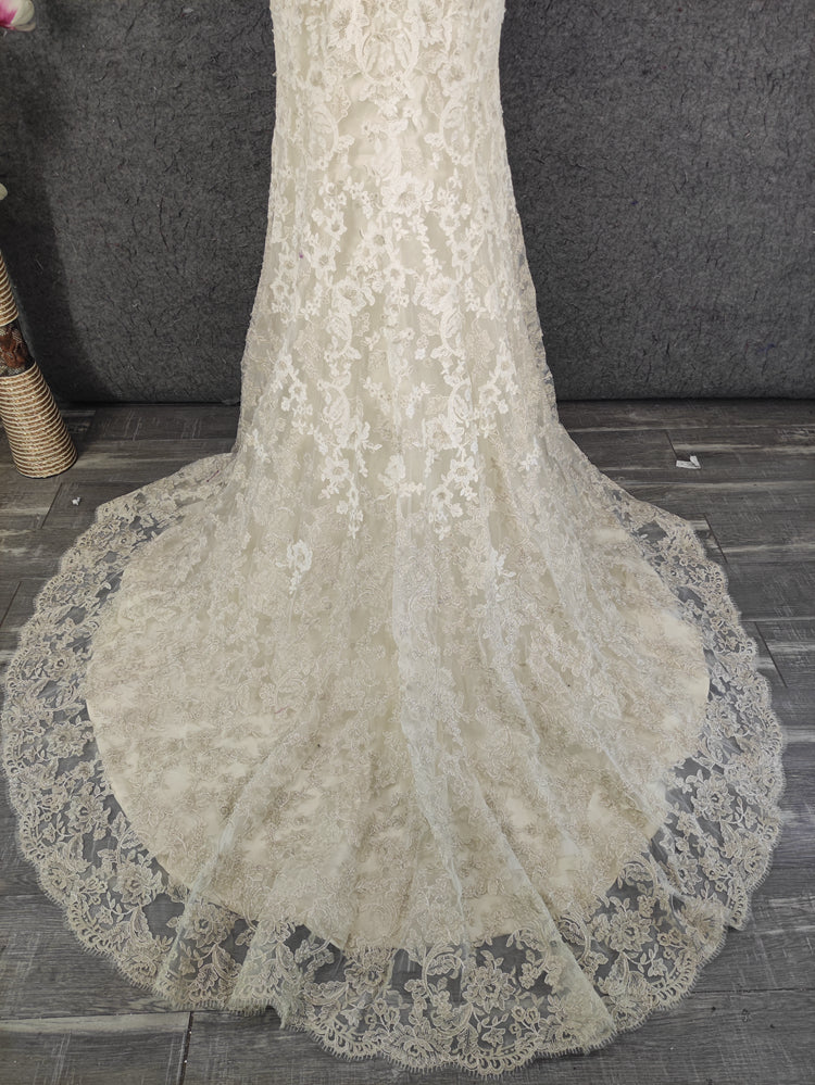 Elegantes Champagnerfarbenes, Cremeweißes, schulterfreies Ballkleid mit Herzausschnitt, Spitze und Schleppe, Abendkleid P4647