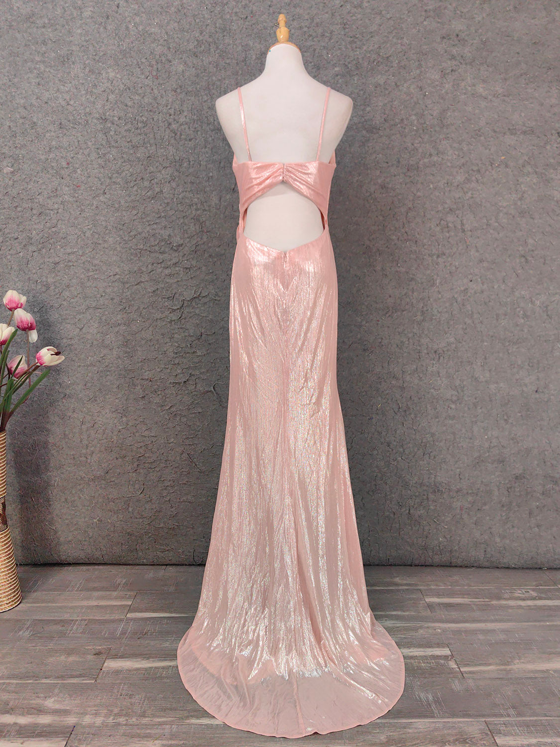 Sweet Pink Spaghetti Strap V-Neck Ruffled Open Back Satin Train Prom Dress Evening Dress Bridesmaid Dress P4653
