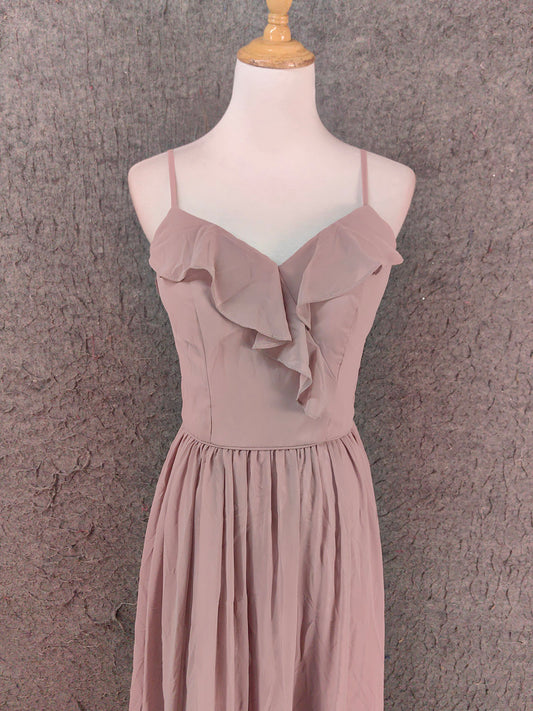Elegant Dusty Pink Spaghetti Strap Ruffled Chiffon Long Prom Dress Evening Dress Bridesmaid Dress P4656