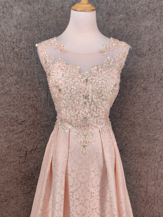 Elegantes rosa A-Linien-ärmelloses Rundhals-Spitzen-Strass-Brokat-Satin-langes Ballkleid Abendkleid P4658