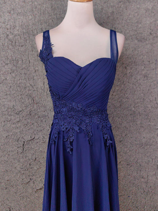 Elegant Navy Blue Spaghetti Strap Lace Ruffled Chiffon Long Prom Dress Evening Dress P4664