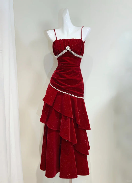 Vintage Burgundy Mermaid Spaghetti Strap Ruffle Velvet Prom Dress Evening Dress P4067