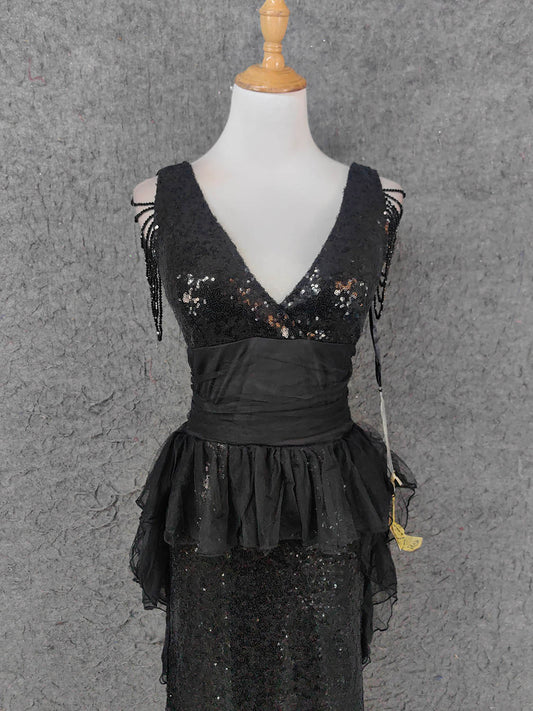 Robe de bal longue en tulle à paillettes et pampilles noires col en V vintage P4670