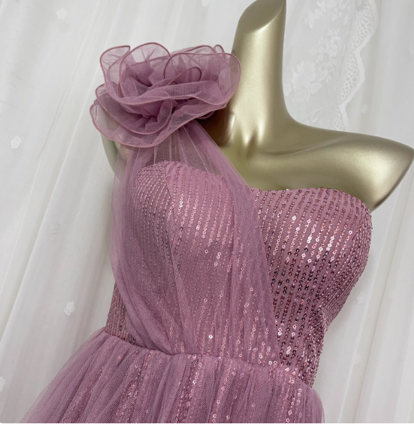 Süßes Blush Lila A-Linien-One-Shoulder 3D-Blumen Pailletten Tüll Langes Ballkleid Abendkleid P4675