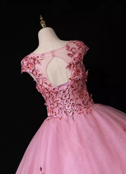 Süßes Prinzessin Pink Rundhals besticktes Tüll langes Ballkleid Abendkleid P4681