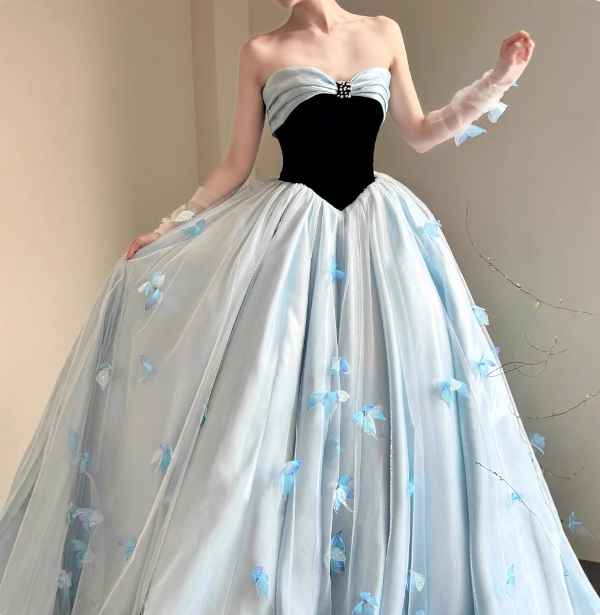Princess Light Blue Sweetheart Neck 3D Butterfly Embellished Tulle Satin Long Prom Dress Evening Dress P4685