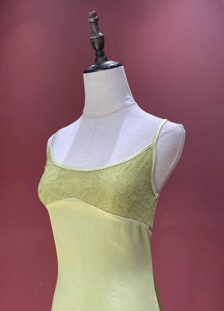 Fresh Elegant Pale Yellow Green Spaghetti Strap Lace Satin Prom Dress Evening Dress P4688