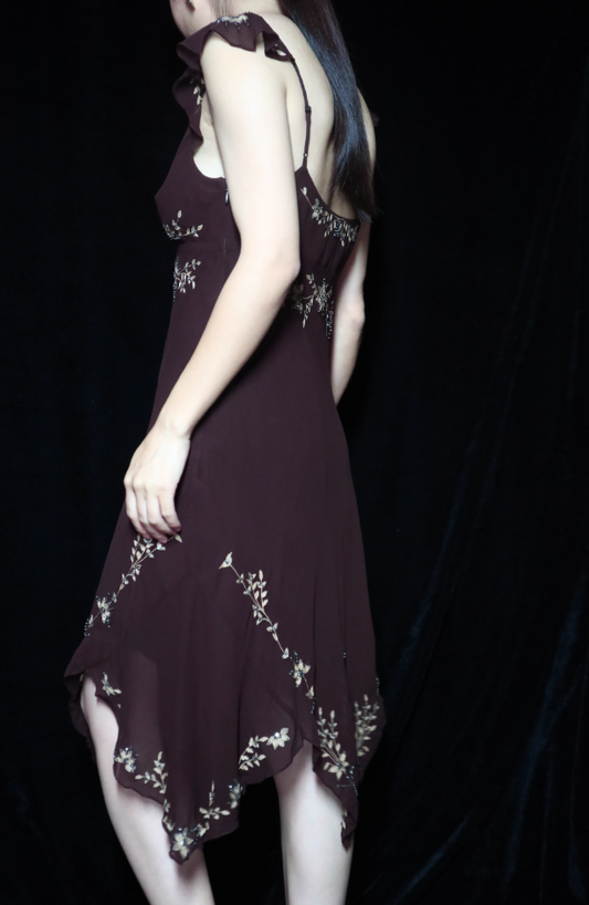 Vintage Dark Brown V-Neck Sleeveless Irregular Embroidered Sequin Chiffon Prom Dress Evening Dress P4696