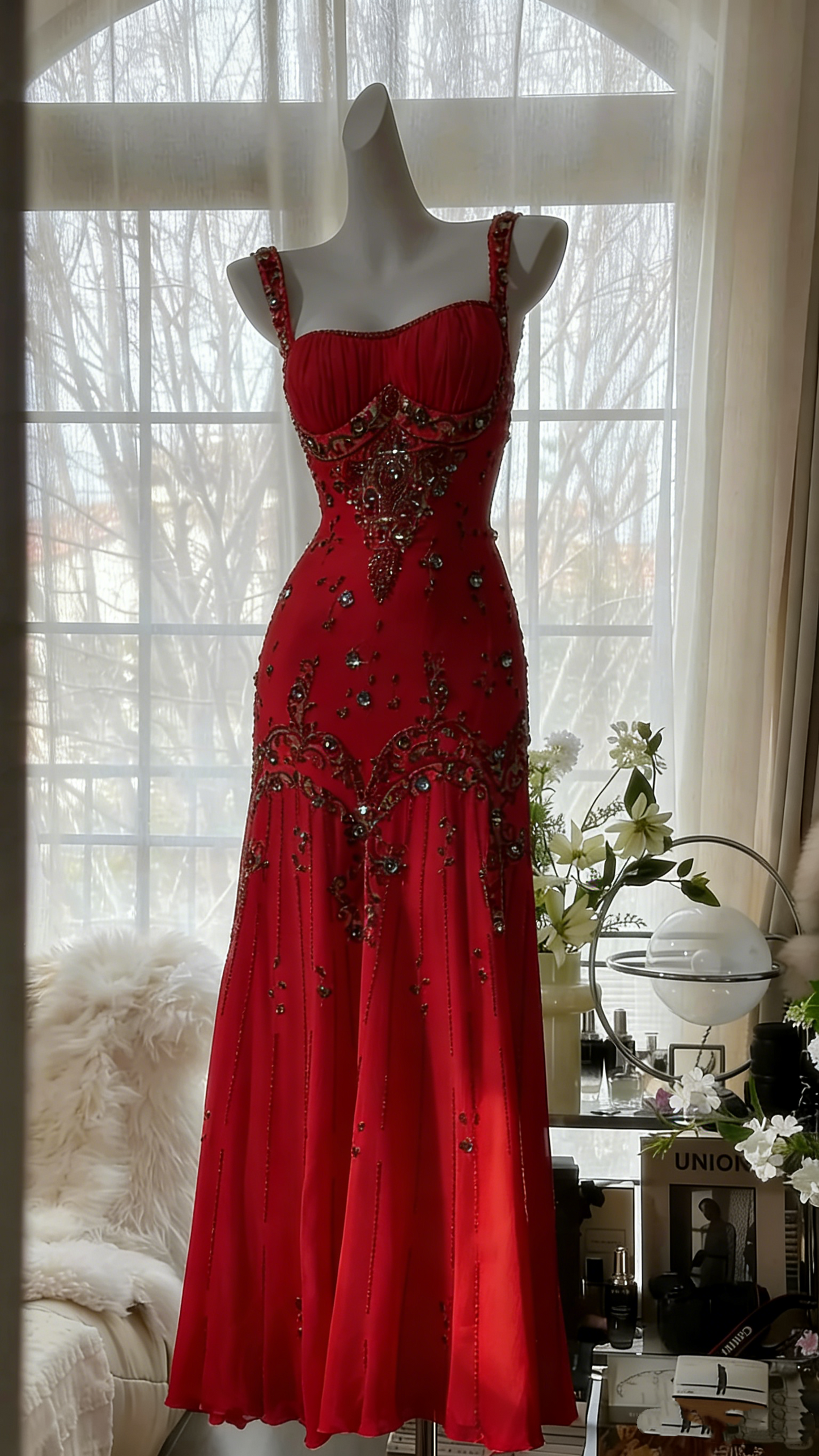 Vintage elfenbeinfarbenes Chiffon-Meerjungfrauen-Ballkleid mit Perlen P3293