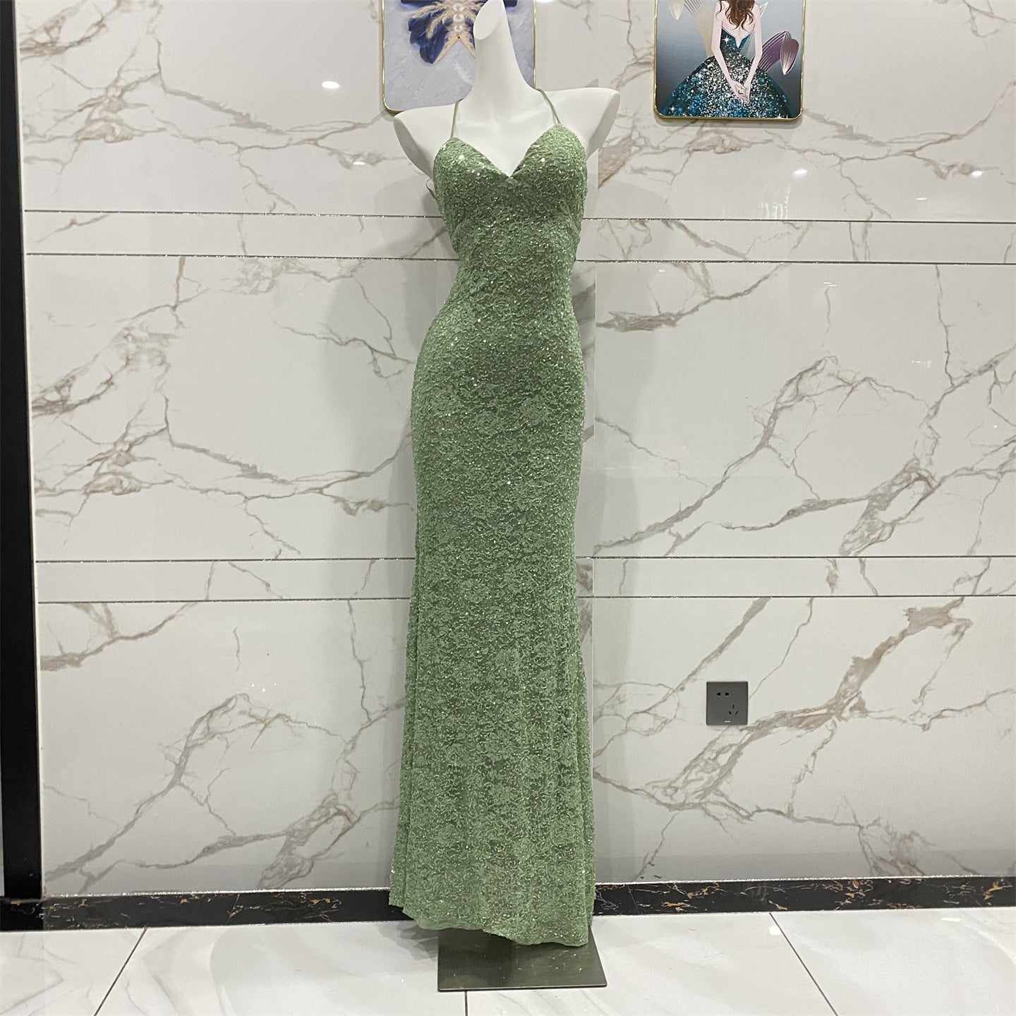 Elegant Avocado Green Halter V-Neck Mermaid Sequin Lace Long Prom Dres – PreppyDress