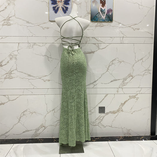 Élégante Robe de Bal Longue Vert Avocat Sirène en Dentelle à Paillettes avec Col Halter et Décolleté en V P4710