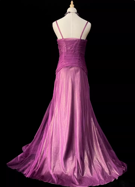 Elegantes magentarotes Spaghettiträger-Kleid mit eckigem Ausschnitt, Meerjungfrau-Silhouette, besticktem Chiffon-Rockteil und Schleppe, Ballkleid Abendkleid P4721
