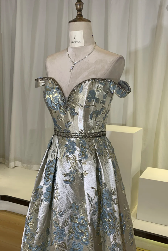 Vintage Luxus Silberblau Jacquard schulterfreies Satin langes Ballkleid Abendkleid P4740
