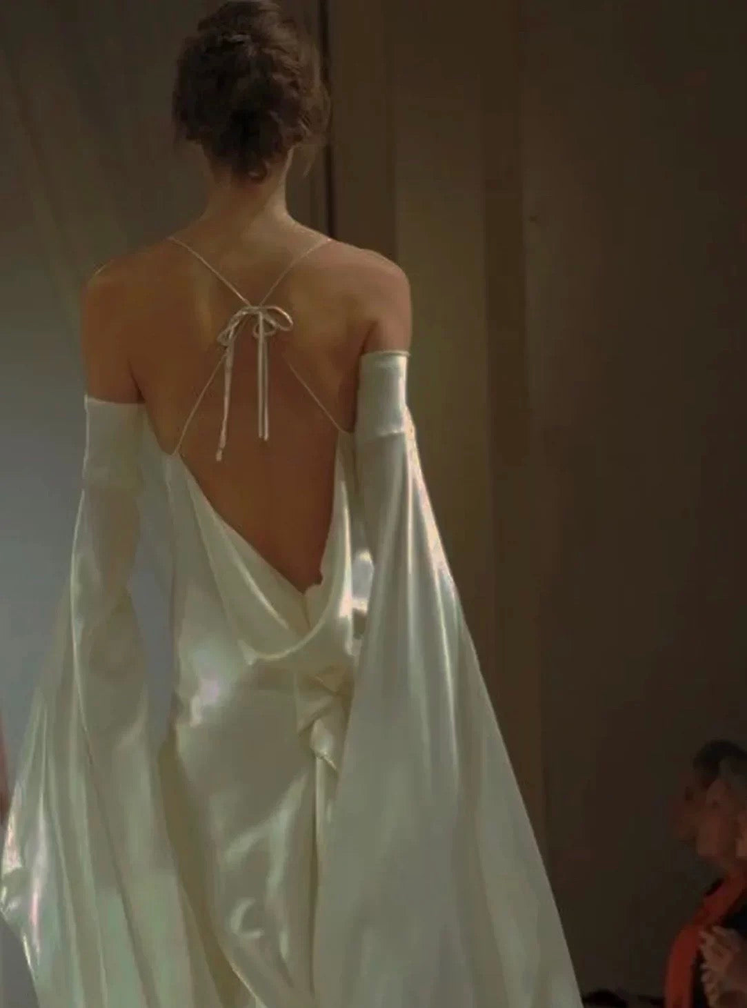 Vintage A line Strapless Long Sleeves White Silk Satin Backless Wedding Dresses P1278