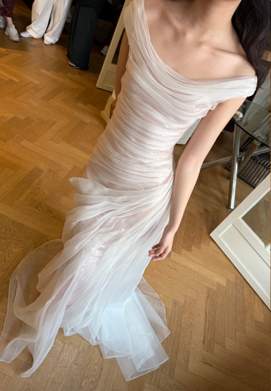 Unique White Off-the-Shoulder Mermaid Layered Ruched Tulle Train Wedding Dress P4752