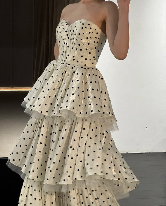 Vintage Polka Dot Printed Sweetheart Neck A-Line Layered Tulle Long Prom Dress Evening Dress P4753
