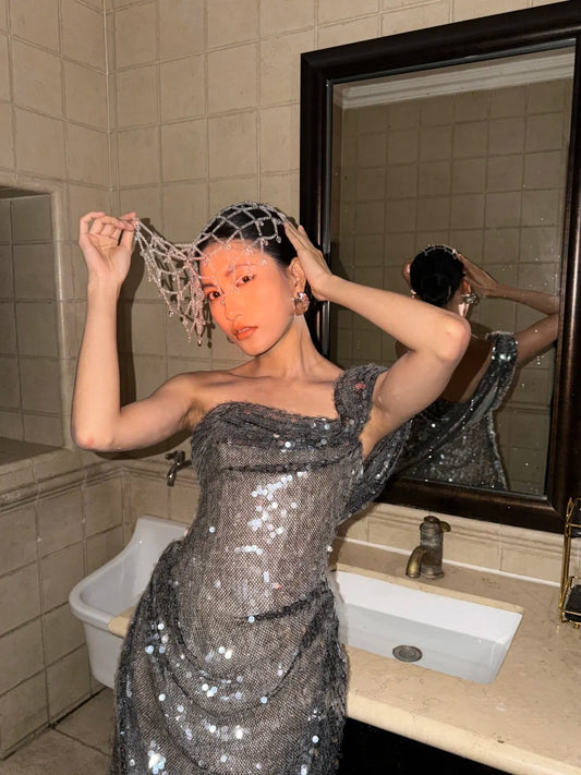 Luxurious Sexy Black Silver One-Shoulder Mermaid Sequin Long Prom Dress Evening Dress P4755