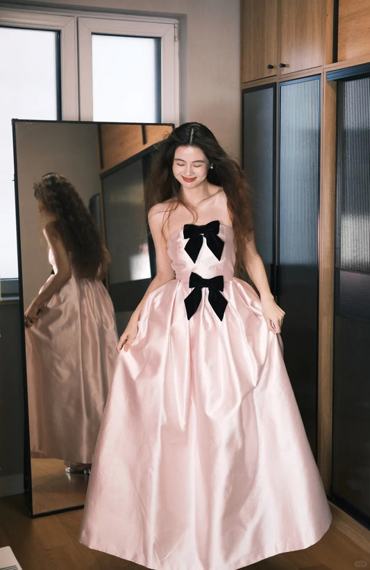 Sweet Princess Pink Bow A-Line Satin Long Prom Dress Birthday Dress P4756